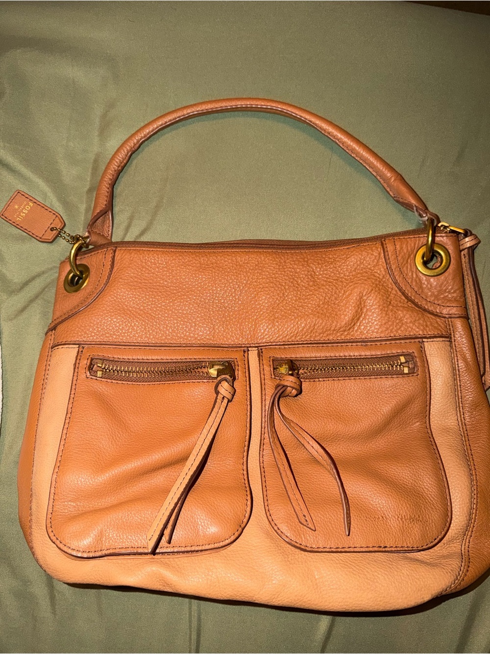 Fossil Cognac Leather Shoulder Bag with Front Zip Pockets